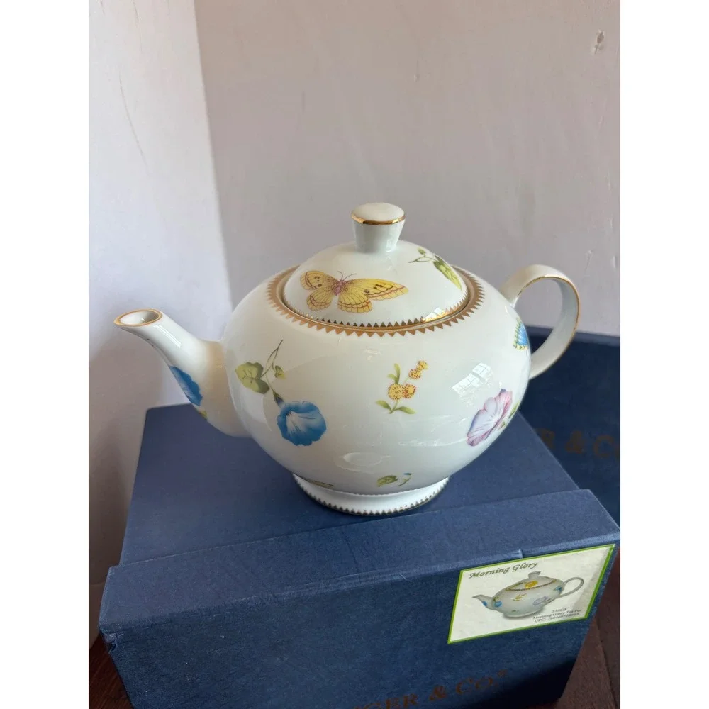 I. Godinger & Co Morning Glory Tea Set Teapot 4 Cups 4 Saucers Butterfly Floral